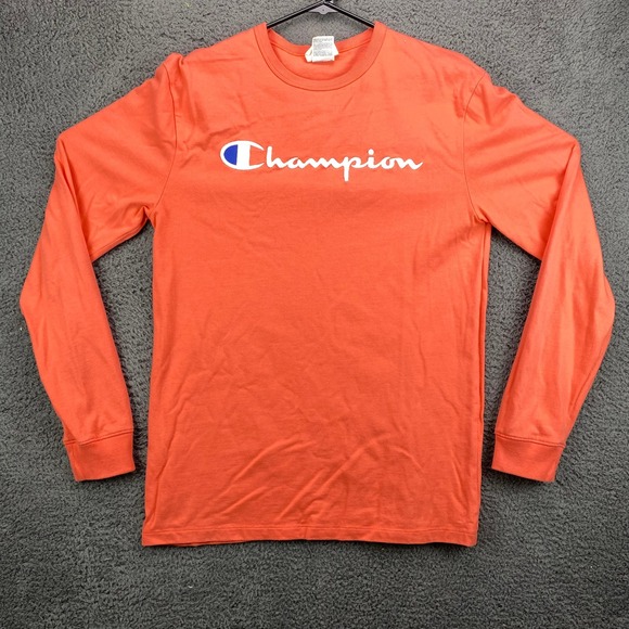 Champion Mens Long Sleeve T-Shirt Orange Script Logo Casual Top Medium - Picture 1 of 11